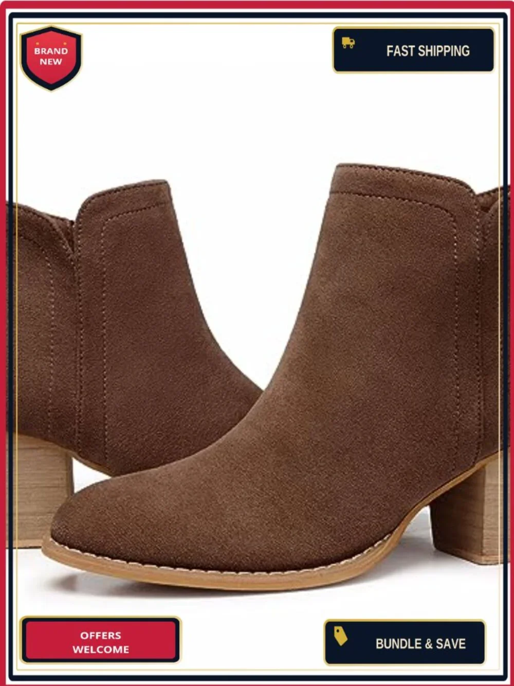 Chunky Low Heeled Almond Toe Ankle Booties Side Zipper Faux Suede